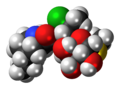 A space-filling model of the pirlimycin molecule, an antibiotic used in veterinary medicine.