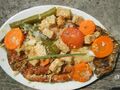 Stir-fry Tofu, Waxy Corn, Okra, Tomatoes and Carrots in Lemon Grass