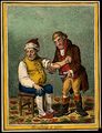 An ill man who is being bled by his doctor. Coloured etching.